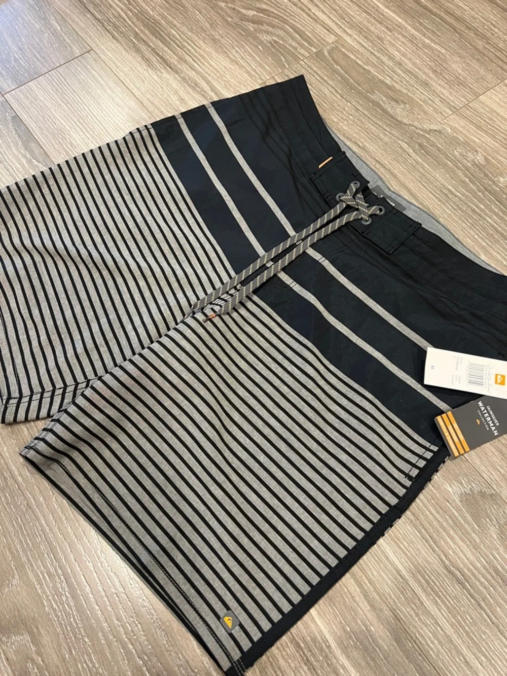Quiksilver Watermen Collection Men’s Navy, Black and Gray Striped Boardshorts